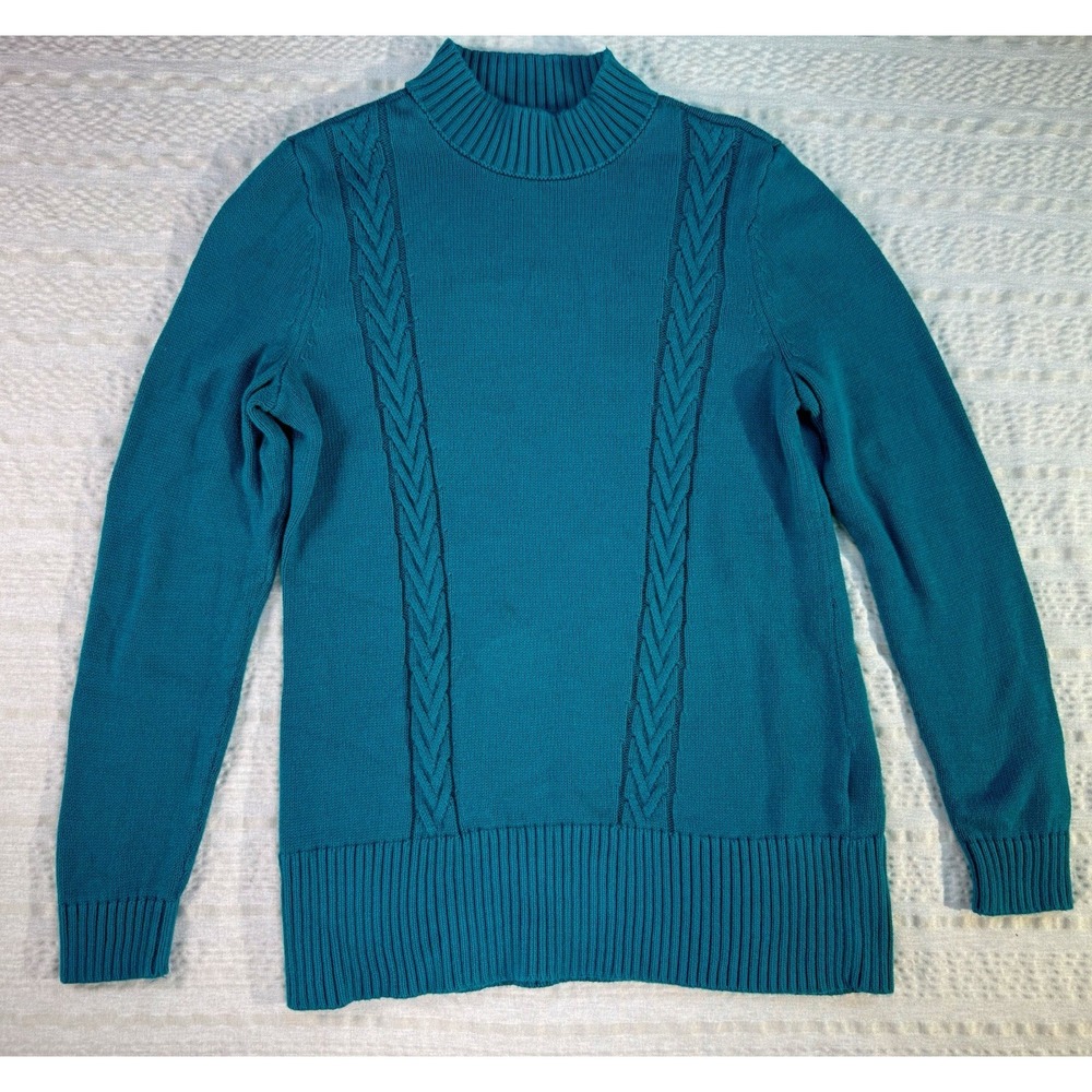 Karen Scott Sweater Small Teal Cable Knit Mock Neck Cotton Pullover